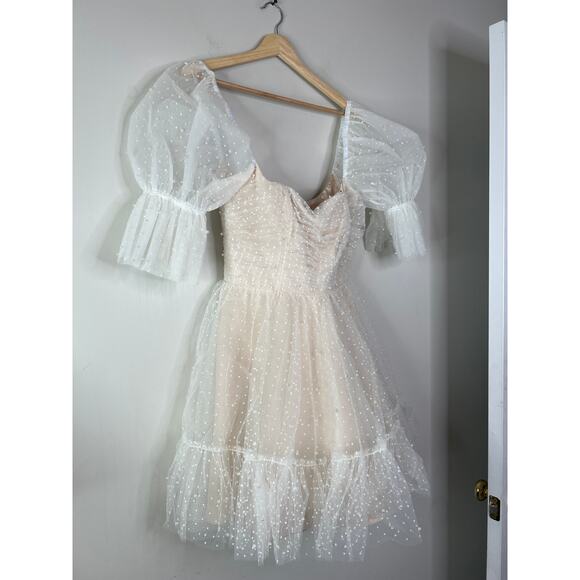 NEW By Watters Macaron Flock Dotted And Pearl Embellished Mini Dress Ivory Sz: 4 - Picture 4 of 10